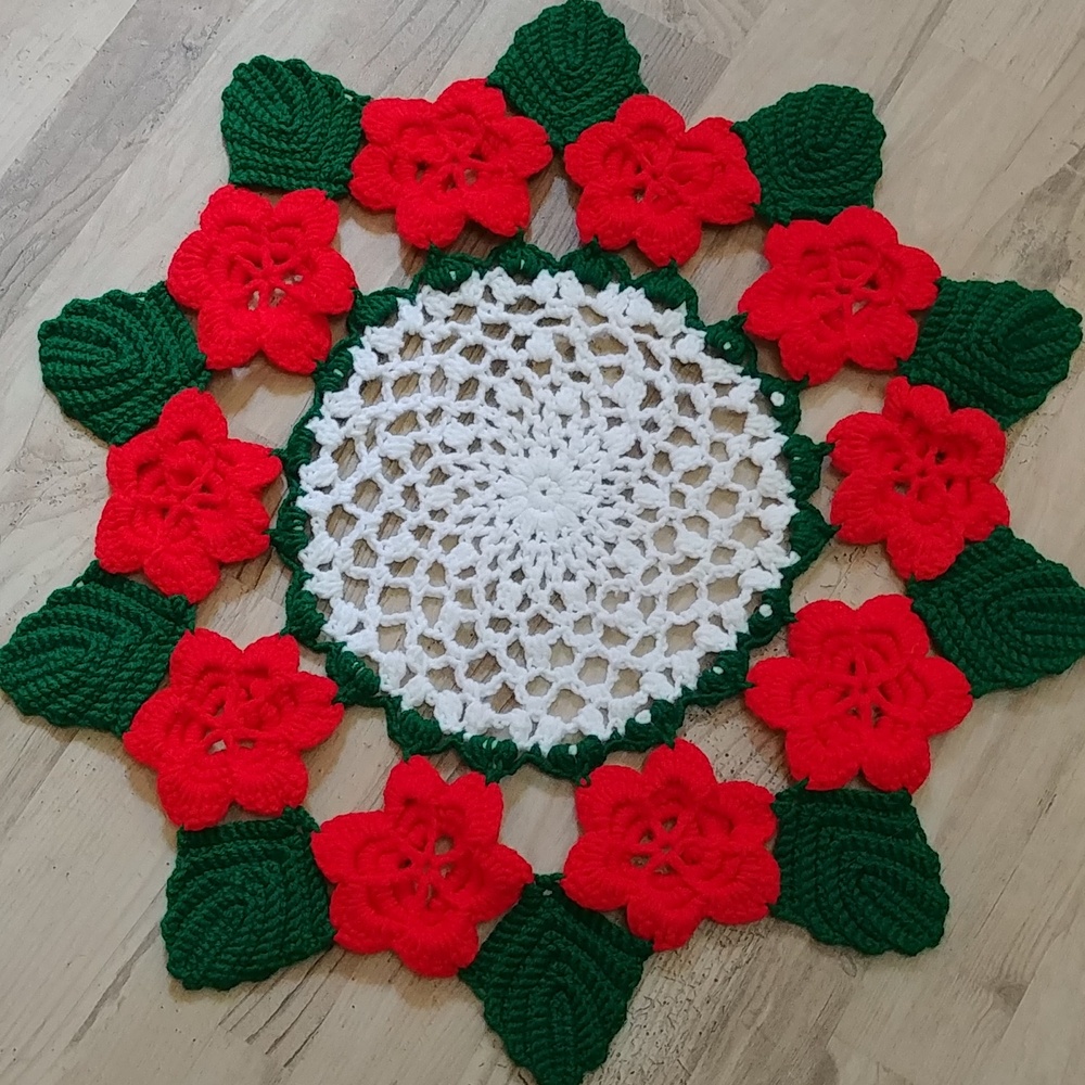 Vintage Hand Crochet Holiday Table Centerpiece with Poinsettia